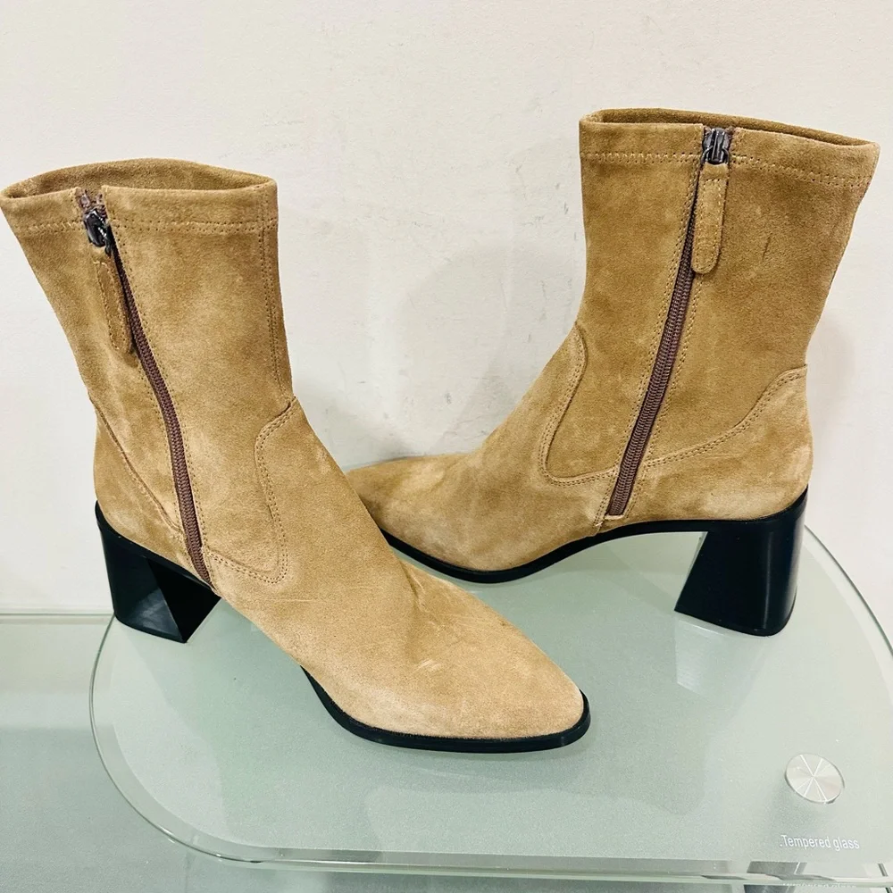 NWOT Zara Tan‎ Suede Ankle Boot  Block Heel  Bootie Pointed Toe 40 US 9 / 9.5